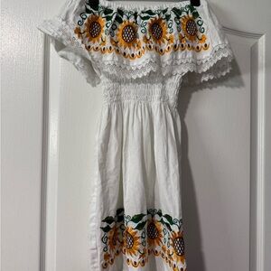 White Off-Shoulder Dress with Sunflower Embroidery